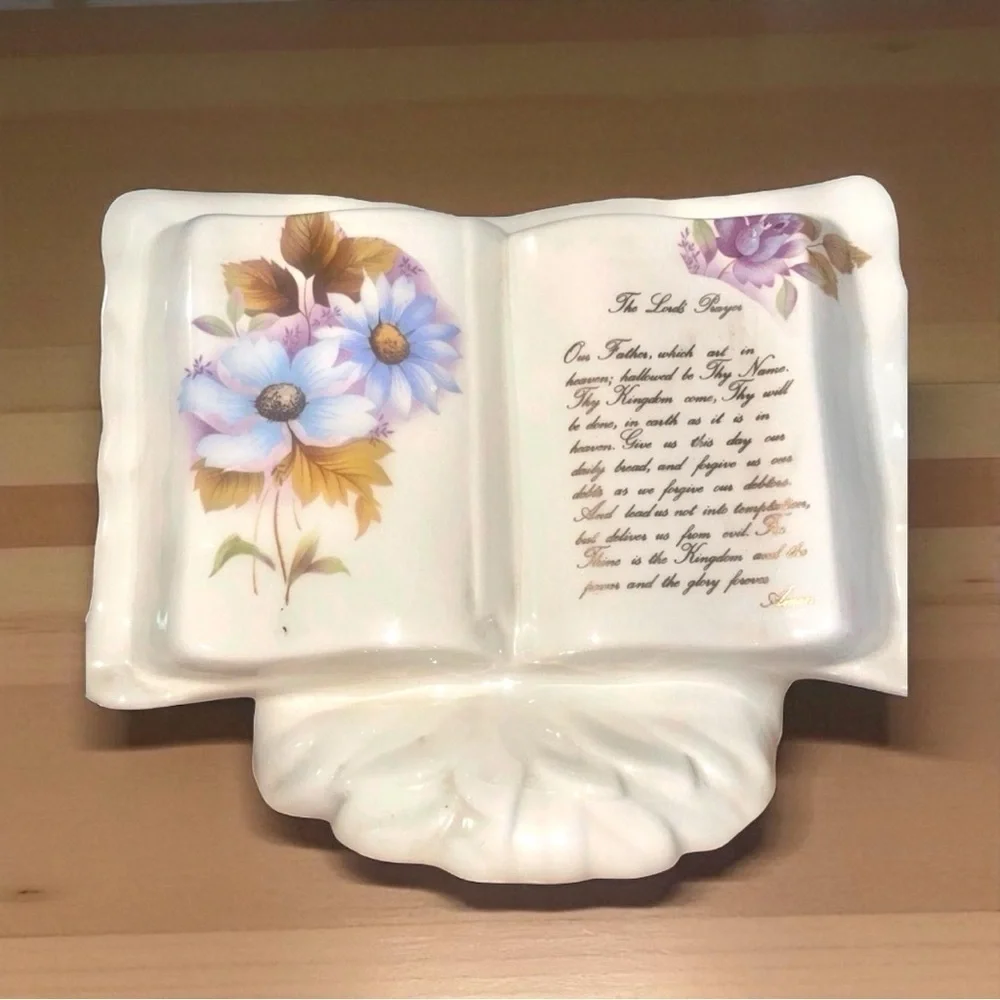Vintage Ceramic Lord’s Prayer Open Book Figurine Floral Religious Decor